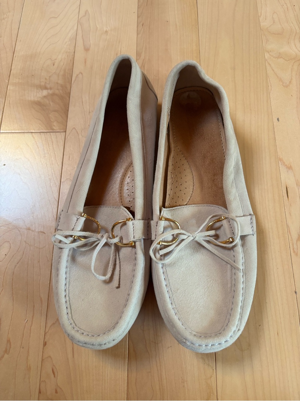 Lauren Ralph Lauren Suede Moccasin Loafers in Light Beige with Gold Accents